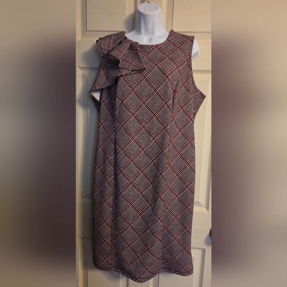 Liz Claiborne Career Plaid Sleeveless Ruffle Shoulder Dress Size Large